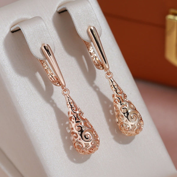 Pendientes colgantes de oro 585 con textura hueca y forma de gota para mujer