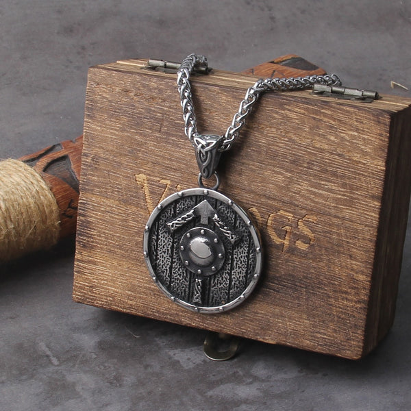 Collar de escudo vikingo nórdico con caja de madera - Collar de acero inoxidable para hombre