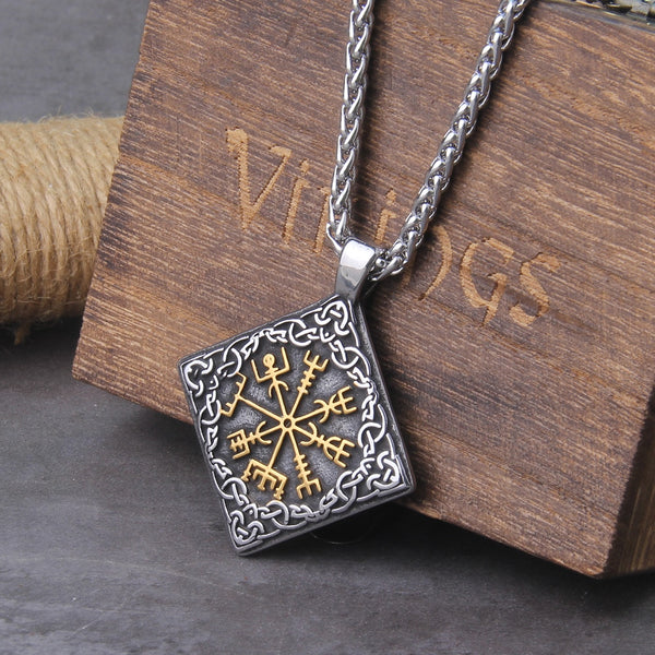 Collar con colgante de brújula vikinga Vegvisir vintage de acero inoxidable