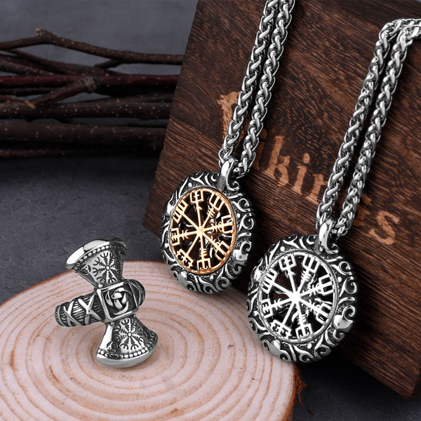 Collar de brújula con señal de carretera vikinga de acero inoxidable para hombre y mujer