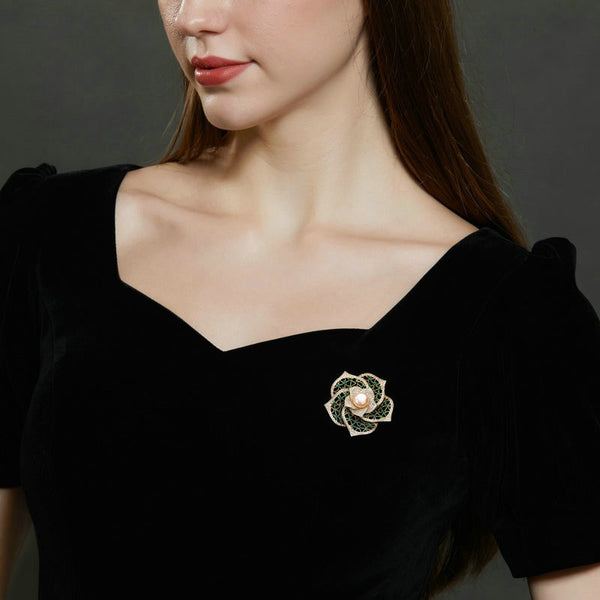 Luxury Hollow Camellia Inlaid Cubic Zirconia Copper Brooch Women