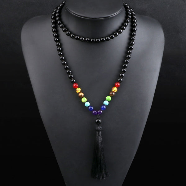 Fashion 108 Mala 7 Chakra Necklaces Men 8mm Black Onyx Natural Stone Lava Beads Necklaces Women
