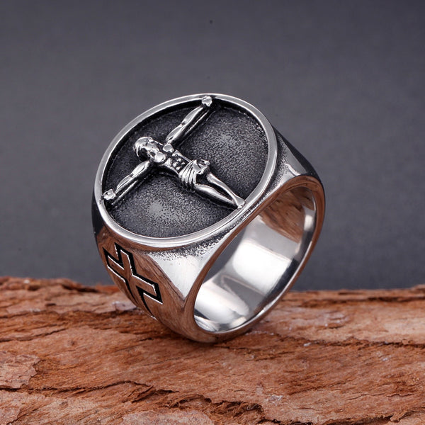 Anillo vintage de cruz de Jesús católica para hombre, estilo punk, hip hop, de acero inoxidable, con sello de Jesús para motociclista.