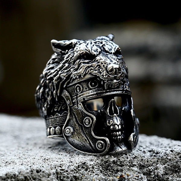Anillo vikingo vintage con cabeza de lobo dominante para hombre