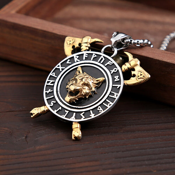 Collar con colgante de hacha doble de acero inoxidable con cabeza de lobo vikingo para hombre
