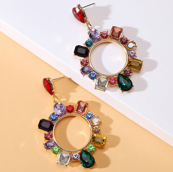 Elegantes pendientes colgantes grandes redondos de cristal vintage geométricos de moda para mujer