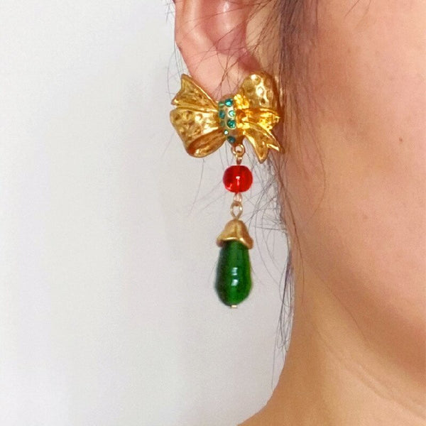Pendientes colgantes vintage con lazo de cristal verde en forma de gota de agua para mujer