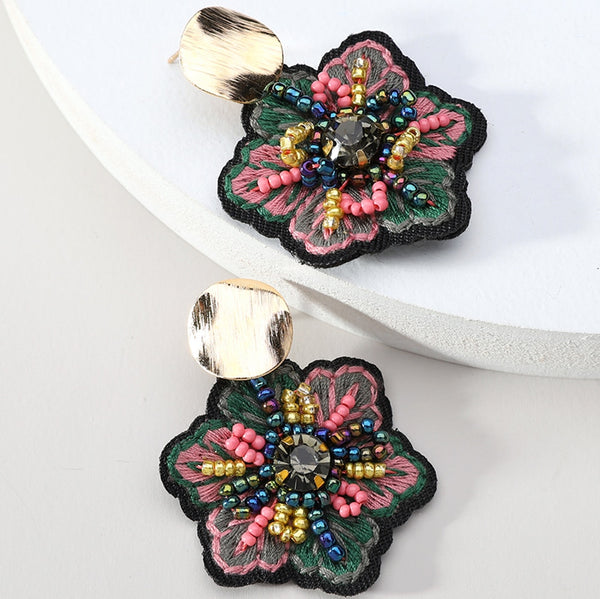Pendientes colgantes grandes con cuentas de flores vintage hechos a mano para mujer