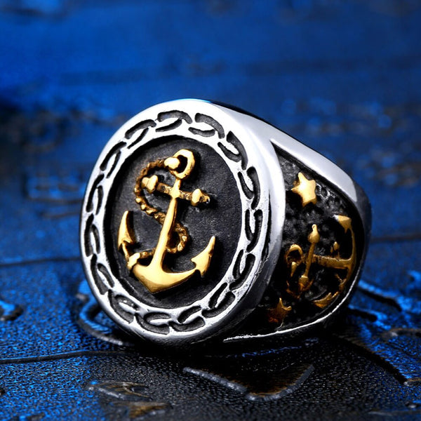 Anillo de ancla vikingo vintage para hombre, estilo punk, hip hop, con sello de ancla, de acero y color dorado.