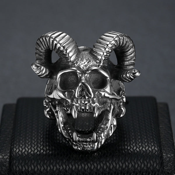 Anillo gótico de calavera satánica para hombre, estilo punk, hip hop, estilo callejero, de acero inoxidable, con diseño de cabra satánica y demonio.