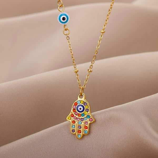 Gothic Fatima Hand Pendant Necklace Stainless Steel Chain Blue Evil Eye Necklaces For Women