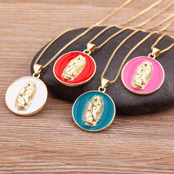 Classic Design 4 Colors Enamel Oil Drop Round Inlaid Virgin Mary Necklace