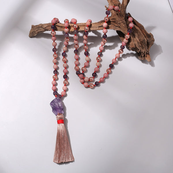 Collar Mala 108 anudado con cuentas de hematita, lava, rodolita y amatista de 8 mm