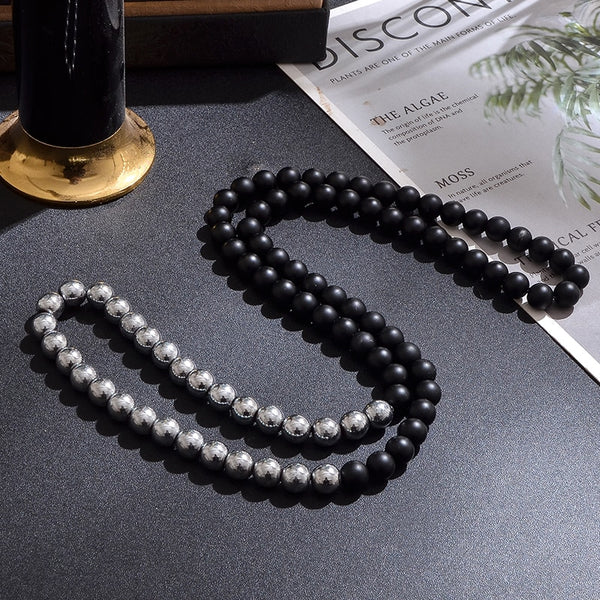 Collar largo de cuentas de ónix negro mate de 8 mm con hematita