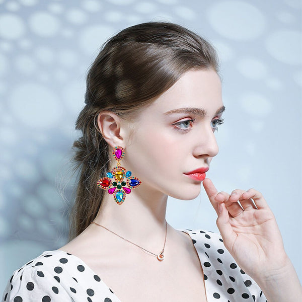 Pendientes colgantes grandes de cristal colorido de moda bohemia para mujer