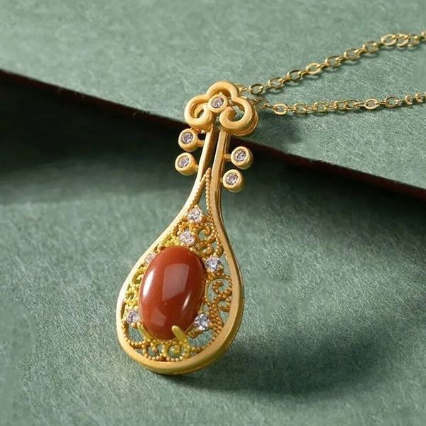 Collar con colgante de pipa de turmalina roja del sur para mujer, diseño original
