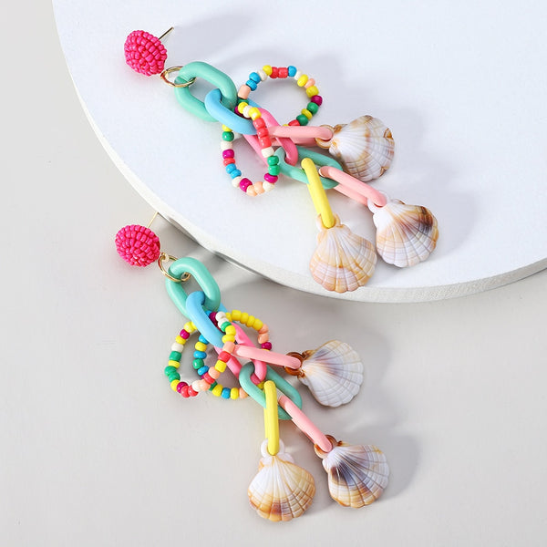 Pendientes largos colgantes con cuentas acrílicas de concha de playa de verano bohemios para mujer