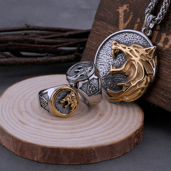 Anillo de acero inoxidable con runas de Odín y cabeza de lobo vikingo para hombre