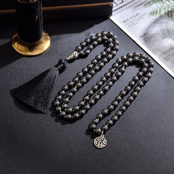 Collar anudado con cuentas de hematita negra de 8 mm, mala 108, joyería para meditación, yoga y bendiciones para hombres y mujeres.