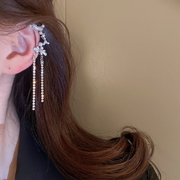 Korean Love Zircon Pearl Tassel Clips Earrings For Women