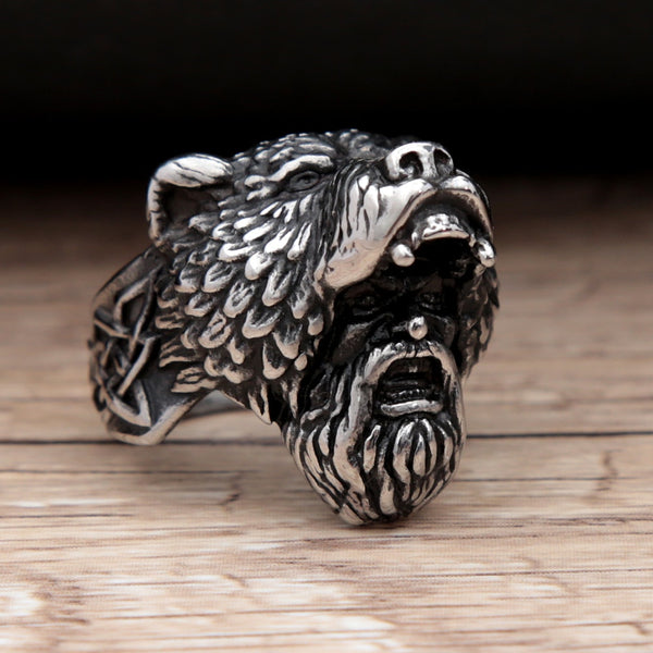 Anillo vikingo retro de oso guerrero para hombre, anillo vikingo nórdico de acero inoxidable color plata.