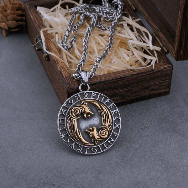 Collar vintage con cabeza de lobo vikingo de acero inoxidable para hombre, colgante de amuleto hip hop con runas de Odín
