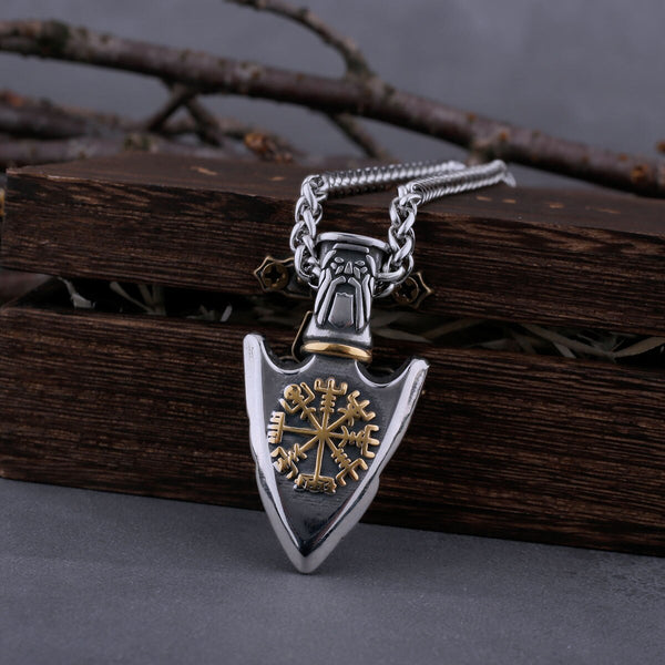 Collar vintage vikingo Vegvisir con brújula y lanza rúnica de acero inoxidable para hombre