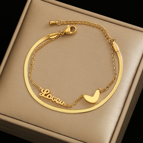 Tobillera de lujo con doble corazón y letra LOVE para mujer