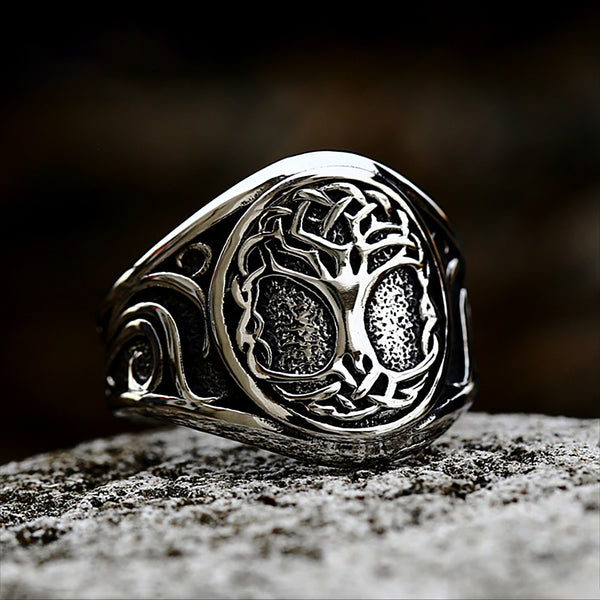 Anillo clásico de acero inoxidable con sello del árbol de la vida para hombres y mujeres.