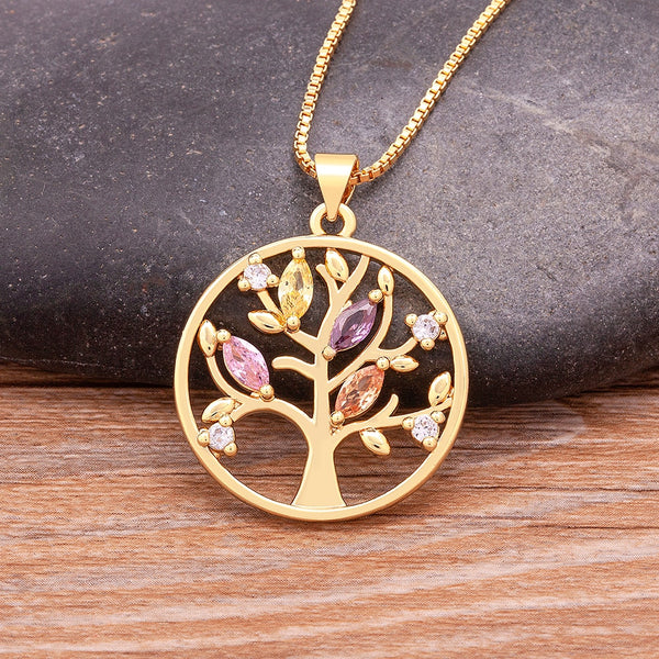 Collar personalizado de árbol de la vida para mujer, moderno, con colgante redondo chapado en oro.