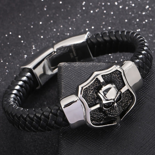 Pulsera Steampunk con cabeza de calavera para hombre, hecha a mano en cuero y acero inoxidable 316L.