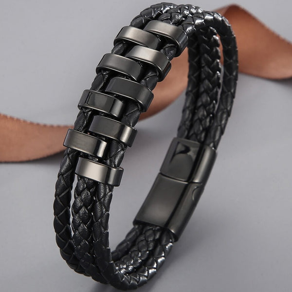 Pulsera de cuero de tres capas hecha a mano para hombre