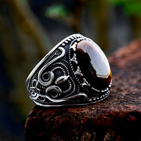 Anillos punk vintage con piedra marrón ovalada para hombre