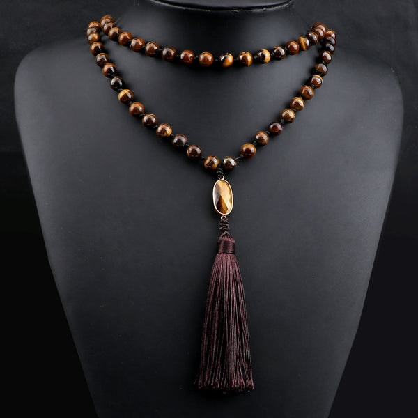 Collar con colgante de la suerte vintage con piedra de ojo de tigre para hombre, hecho a mano, anudado, 8 mm, 108 cuentas Mala