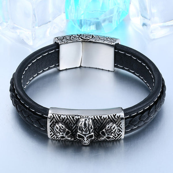 Pulsera de cuero con calavera de acero inoxidable estilo punk hip hop para hombre