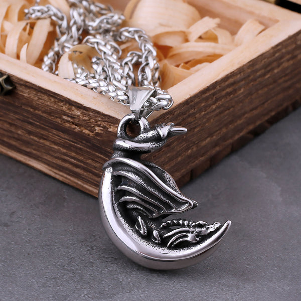 Collar con colgante de dragón y luna durmiente para hombre, estilo vikingo, hip hop y motero.