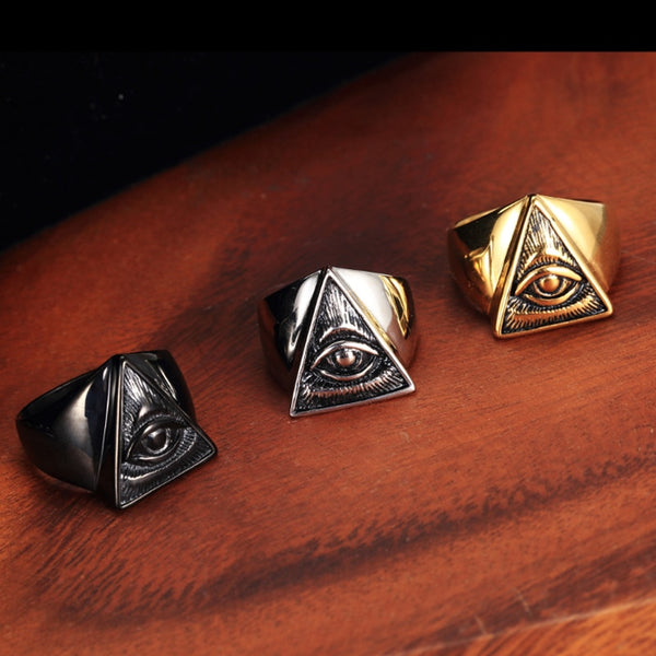 Vintage All Seeing Eye Pyramid Illuminati Biker Ring Men Black/Gold/Silver Color Stainless Steel Punk Rings Male Masonic Jewelry