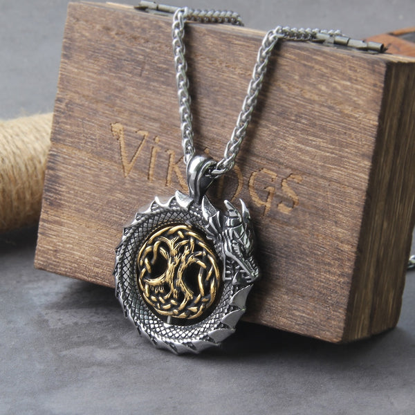 Collar con colgante de amuleto Ouroboros, chapado en oro, con un árbol de la vida giratorio que nunca se desvanece.