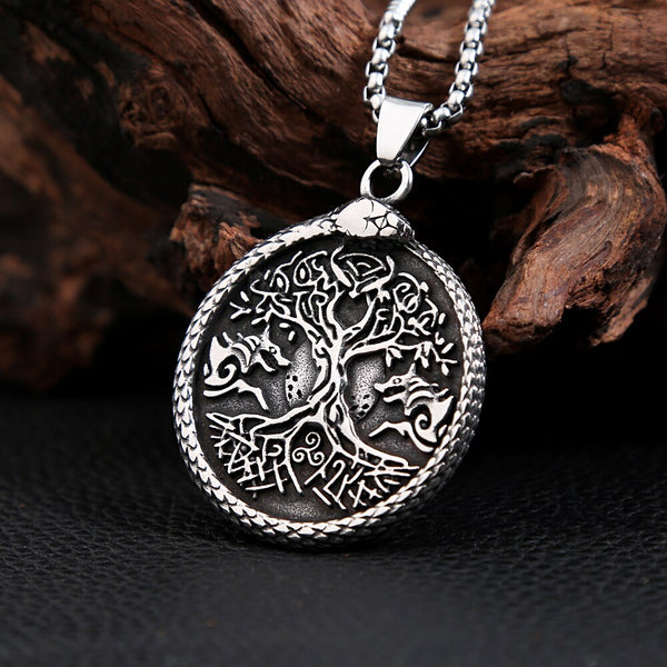 Collares con colgante de árbol de la vida con cabeza de lobo vikingo nórdico vintage