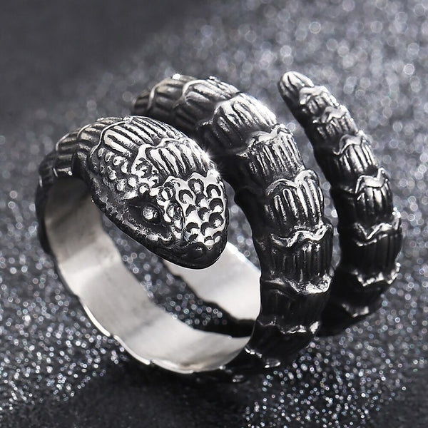 Anillo de serpiente gótico retro para hombre, de acero inoxidable, con cabeza de lobo y dragón.