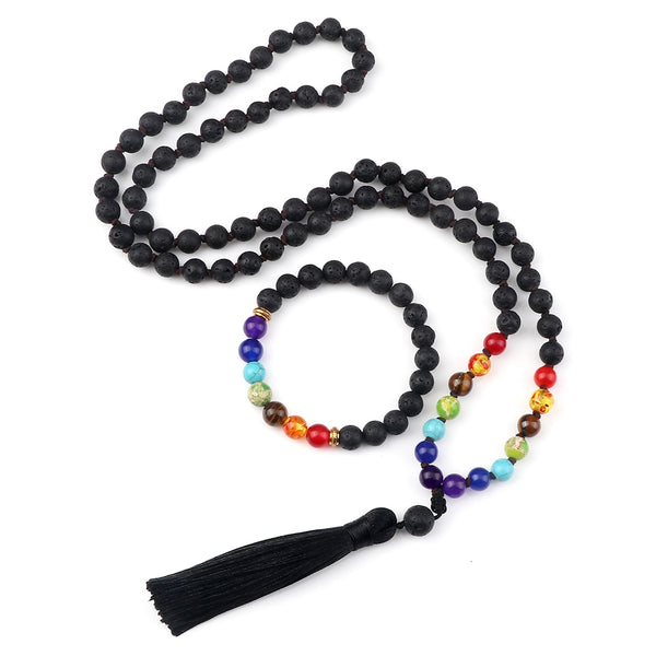 Collar y pulsera clásicos de cuentas de piedra natural de lava negra de 7 chakras para hombres y mujeres