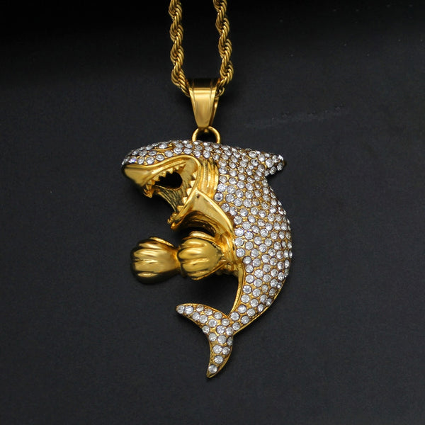Full Rhinestone Boxing Shark Personality Alloy Pendant Necklace