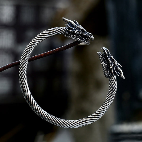 Pulsera vikinga vintage de acero inoxidable 316L con doble cabeza de dragón