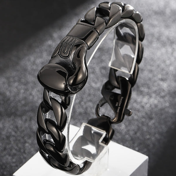 Vintage 15MM Curb Chain Bracelet Men's Solid Black Stainless Steel Fist Style Boys On Hand Bracelets