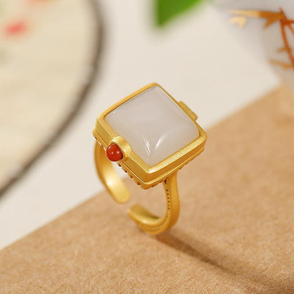Anillo ajustable simple abierto con turmalina roja del sur, cuadrado geométrico de jade hetiano natural