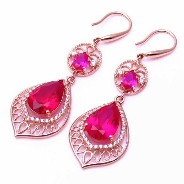 585 Purple Gold 14K Rose Gold Inlaid Water Drops Luxury Ruby Earrings for Women