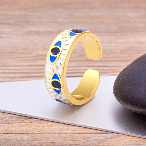 Anillo de esmalte con diseño moderno para mujer, 9 colores, con efecto anti-mal de ojo de pavo de la suerte, con goteo de aceite