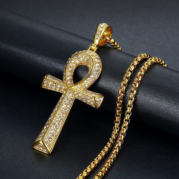 Collar con colgante de cadena estilo hip hop con llave Ankh egipcia de titanio y acero inoxidable para mujeres y hombres.