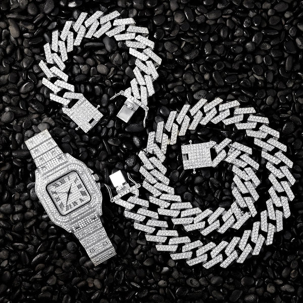Rhinestones CZ Bling Rapper Gold Necklace +Watch+Bracelet Jewelry For Men