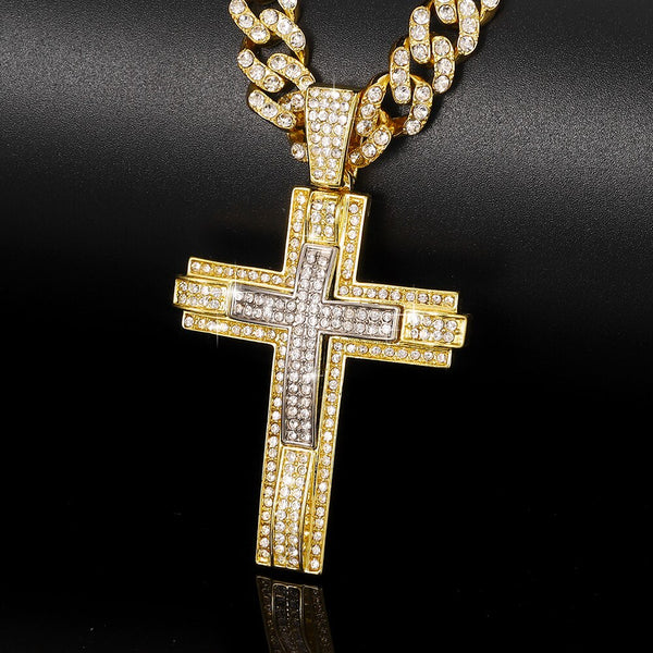 Collar con colgante de cruz helada para hombre, estilo hip hop, cadena cubana de 11 mm